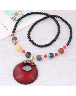 Resin Gem Pendant Beads Long Chain Graceful Fashion Costume Necklace - Red
