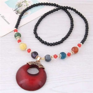 Resin Gem Pendant Beads Long Chain Graceful Fashion Costume Necklace - Red