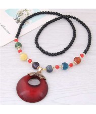 Resin Gem Pendant Beads Long Chain Graceful Fashion Costume Necklace - Red