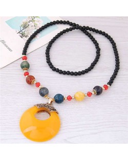 Resin Gem Pendant Beads Long Chain Graceful Fashion Costume Necklace - Yellow