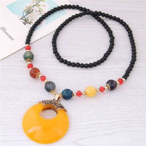 Resin Gem Pendant Beads Long Chain Graceful Fashion Costume Necklace - Yellow