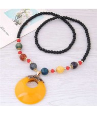 Resin Gem Pendant Beads Long Chain Graceful Fashion Costume Necklace - Yellow