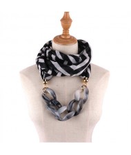Acrylic Chain Decorated High Fashion Cotton Women Scarf Necklace - Black