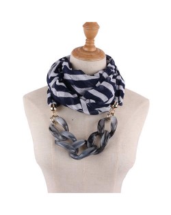 Acrylic Chain Decorated High Fashion Cotton Women Scarf Necklace - Ink Blue