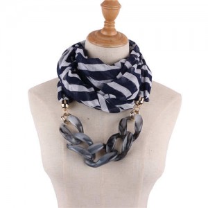 Acrylic Chain Decorated High Fashion Cotton Women Scarf Necklace - Ink Blue