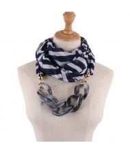 Acrylic Chain Decorated High Fashion Cotton Women Scarf Necklace - Ink Blue