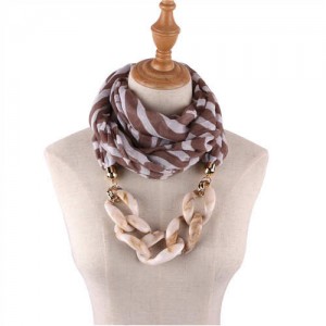 Acrylic Chain Decorated High Fashion Cotton Women Scarf Necklace - Brown