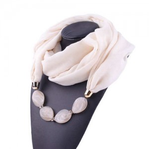 Resin Beads Decorated High Fashion Bali Yarn Women Scarf Necklace - White