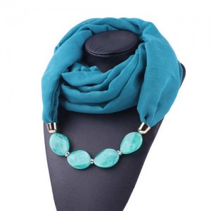 Resin Beads Decorated High Fashion Bali Yarn Women Scarf Necklace - Teal