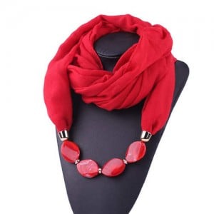 Resin Beads Decorated High Fashion Bali Yarn Women Scarf Necklace - Red