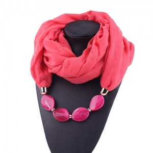 Resin Beads Decorated High Fashion Bali Yarn Women Scarf Necklace - Watermelon Red