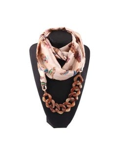 Acrylic Chain High Fashion Image Printing Satin Women Scarf Necklace - Beige