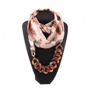 Acrylic Chain High Fashion Image Printing Satin Women Scarf Necklace - Beige