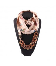 Acrylic Chain High Fashion Image Printing Satin Women Scarf Necklace - Beige