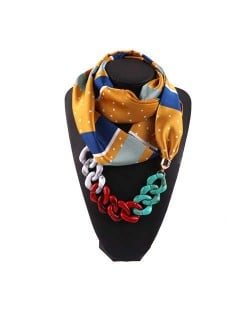 Acrylic Chain High Fashion Image Printing Satin Women Scarf Necklace - Yellow