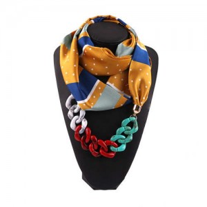Acrylic Chain High Fashion Image Printing Satin Women Scarf Necklace - Yellow