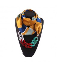 Acrylic Chain High Fashion Image Printing Satin Women Scarf Necklace - Yellow