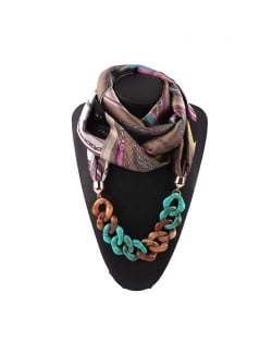 Acrylic Chain High Fashion Image Printing Satin Women Scarf Necklace - Brown