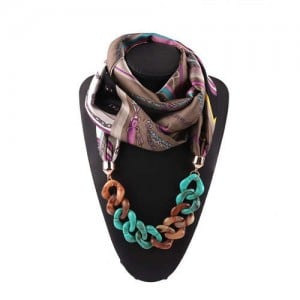 Acrylic Chain High Fashion Image Printing Satin Women Scarf Necklace - Brown