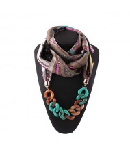 Acrylic Chain High Fashion Image Printing Satin Women Scarf Necklace - Brown