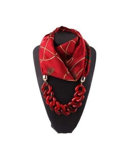 Acrylic Chain High Fashion Image Printing Satin Women Scarf Necklace - Red