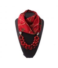 Acrylic Chain High Fashion Image Printing Satin Women Scarf Necklace - Red