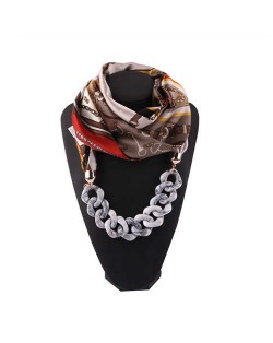 Acrylic Chain High Fashion Image Printing Satin Women Scarf Necklace - Gray