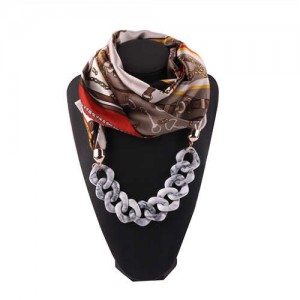 Acrylic Chain High Fashion Image Printing Satin Women Scarf Necklace - Gray