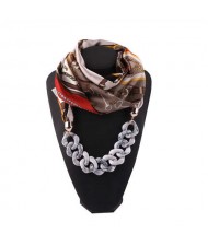 Acrylic Chain High Fashion Image Printing Satin Women Scarf Necklace - Gray