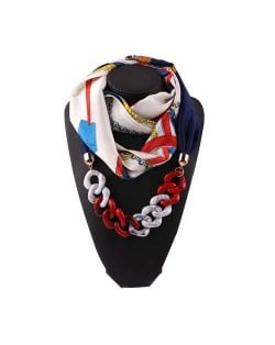 Acrylic Chain High Fashion Image Printing Satin Women Scarf Necklace - White