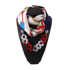 Acrylic Chain High Fashion Image Printing Satin Women Scarf Necklace - White