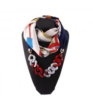 Acrylic Chain High Fashion Image Printing Satin Women Scarf Necklace - White