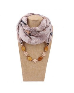 Seashell and Flower Chain Cotton Women Scarf Necklace - Brown