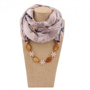 Seashell and Flower Chain Cotton Women Scarf Necklace - Brown