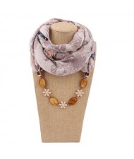 Seashell and Flower Chain Cotton Women Scarf Necklace - Brown