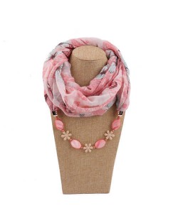 Seashell and Flower Chain Cotton Women Scarf Necklace - Pink