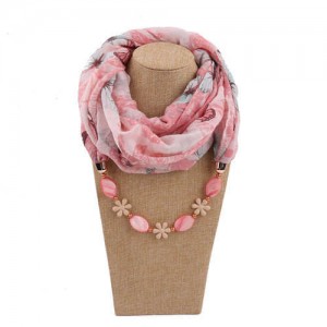 Seashell and Flower Chain Cotton Women Scarf Necklace - Pink