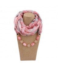 Seashell and Flower Chain Cotton Women Scarf Necklace - Pink