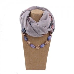 Seashell and Flower Chain Cotton Women Scarf Necklace - Gray