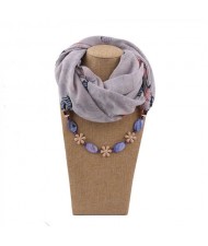 Seashell and Flower Chain Cotton Women Scarf Necklace - Gray