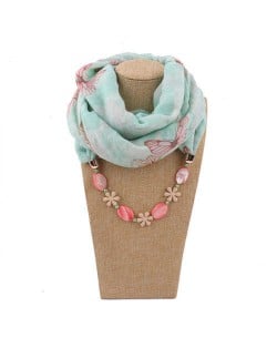 Seashell and Flower Chain Cotton Women Scarf Necklace - Green