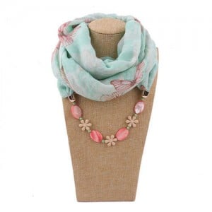 Seashell and Flower Chain Cotton Women Scarf Necklace - Green