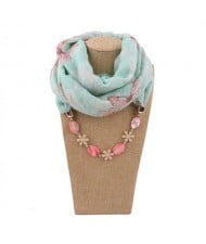 Seashell and Flower Chain Cotton Women Scarf Necklace - Green