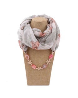 Seashell and Flower Chain Cotton Women Scarf Necklace - White