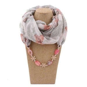 Seashell and Flower Chain Cotton Women Scarf Necklace - White