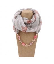 Seashell and Flower Chain Cotton Women Scarf Necklace - White