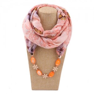 Seashell and Flower Chain Cotton Women Scarf Necklace - Orange