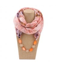 Seashell and Flower Chain Cotton Women Scarf Necklace - Orange