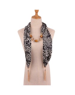 Beads and Tassel Embellished Leopard/ Snake Prints Women Scarf Necklace - Color 1