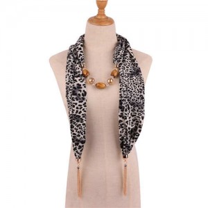 Beads and Tassel Embellished Leopard/ Snake Prints Women Scarf Necklace - Color 1